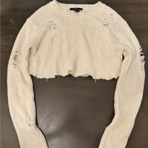Cream Distressed Cropped Sweater